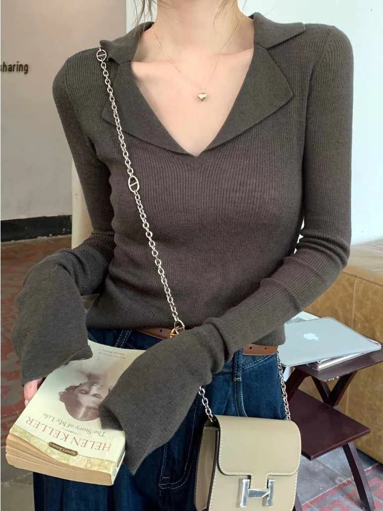 French Style Knitted Long Sleeve V-Neck Collar Sweater – Women’s Winter Base Layer Top | Stretchy Fit for Young Women