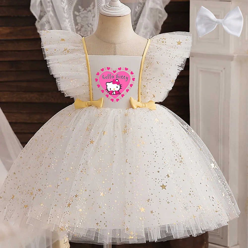 ✨ Hello Kitty Princess Dress for Girls 👑 Sequined Star Tutu Gown 🎀 Ruffle Bow Kids Party & Prom Dress