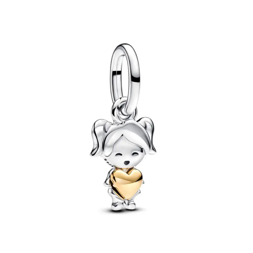 925 Sterling Silver Double Golden Heart Split Charm | Cute Boy & Girl Pendant for Original Bracelet Jewelry