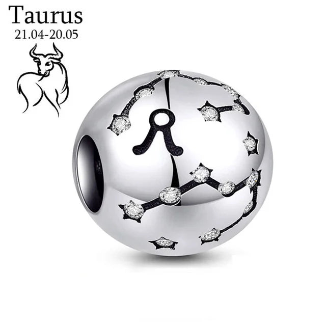 New 925 Sterling Silver Zodiac Constellation Beads | Round Pendant Charms for Women’s Bracelets & DIY Jewelry