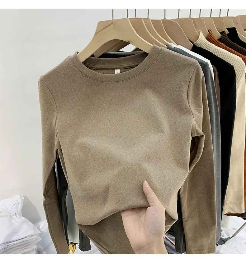 Women’s Winter Thickened Fleece-Lined Round Neck Long Sleeve Base Shirt | Slim Fit Solid Color Thermal Inner Wear Top