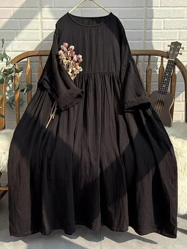 Artistic Vintage Plus Size Women's Long Dress – High Waist Loose A-Line Doll Dress, Ethnic Style Commuter Mid-Length Skirt