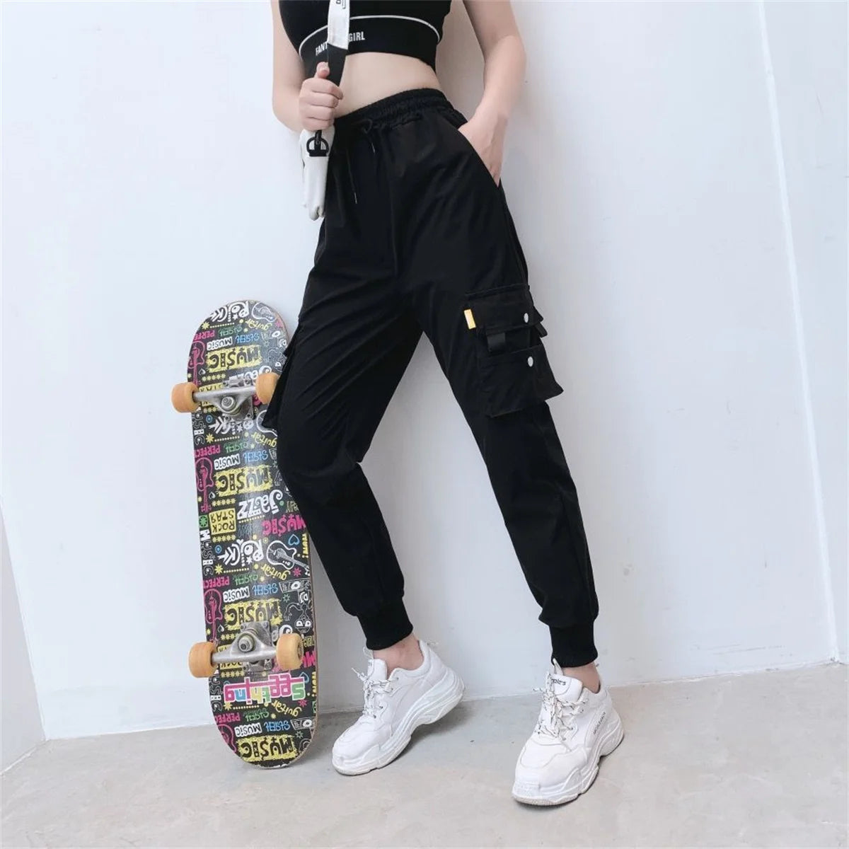 Black Cargo Pants for Women | High Waist Loose Joggers | Korean Hip Hop Streetwear Trousers