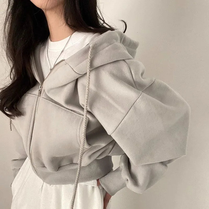 Women's Oversized Zip Up Hoodie | Retro Solid Color Sweatshirt | Autumn Harajuku Loose Short Jacket