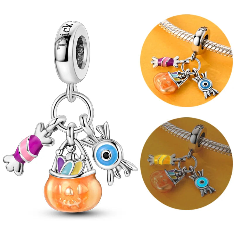 Halloween 925 Sterling Silver Charms | Pumpkin Skeleton Witch Bat Beads for Bracelet DIY Jewelry