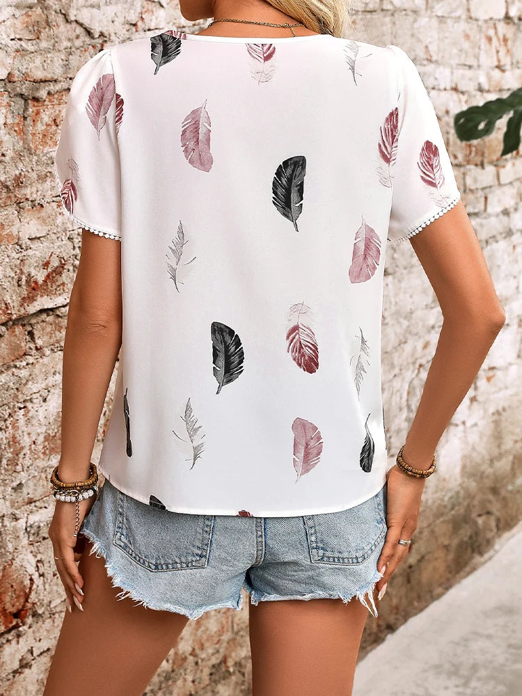 Women’s Feather Print Puff Sleeve Shirt – Round Neck Short Sleeve Top 🌸✨