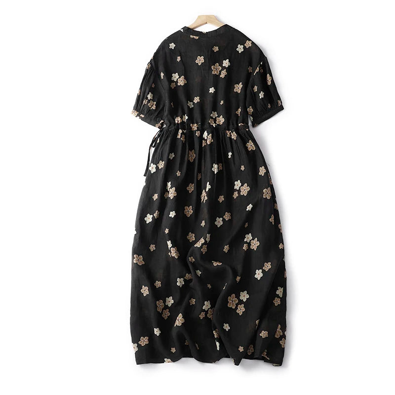Elegant Hemp Floral Print Maxi Dress – Women's Summer Travel Gown, A-Line Midi Skirt, Chic Lightweight Long Dress