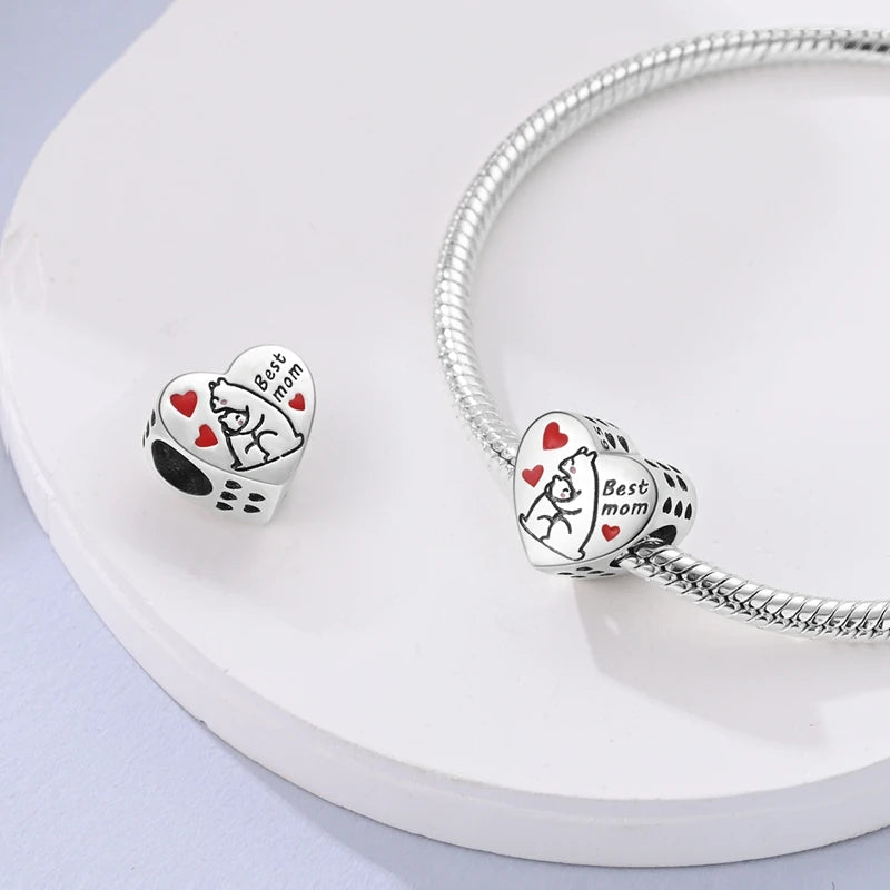 925 Sterling Silver Heart Shaped Warm Family Charm Beads Butterfly Flower Pendant