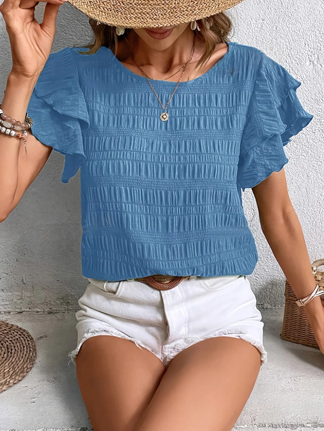 Summer Elegant Solid Shirt for Women – Casual Office Blouse with Vintage Butterfly Sleeve & O-Neck Top