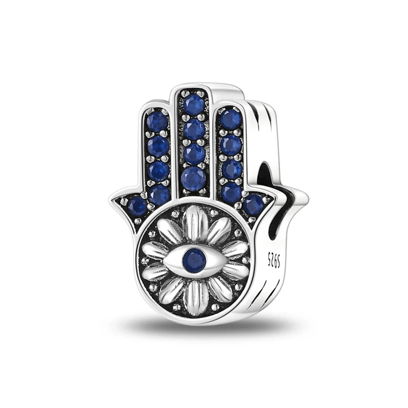 Blue 925 Sterling Silver Rotating Evil Eye Palm Moon Starry Sky Charms | Fit Original Bracelet Pendant Women Jewelry