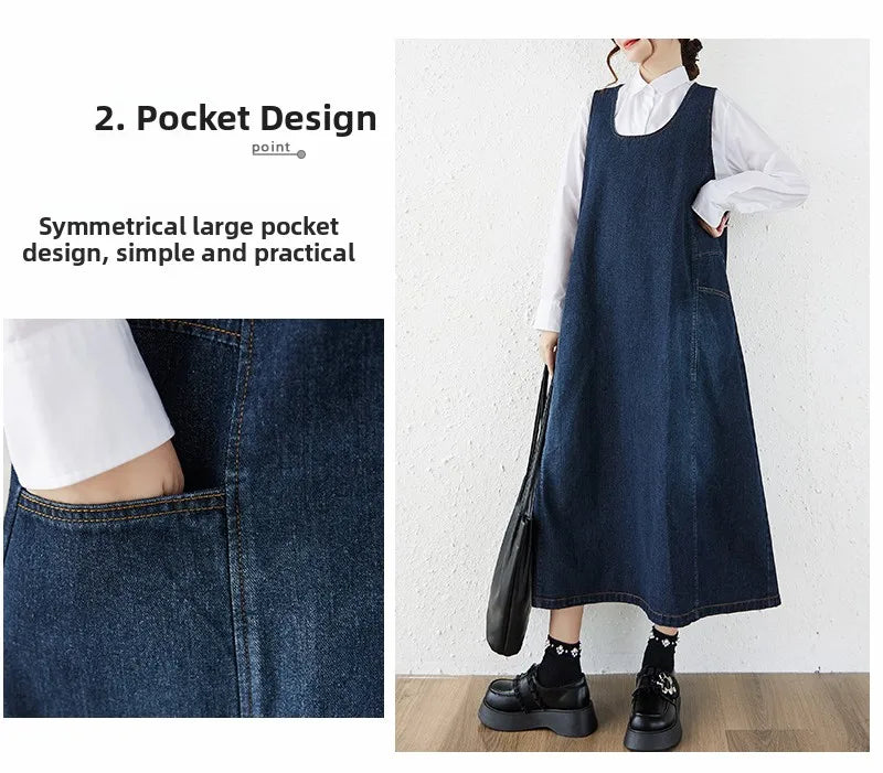 Loose Korean Style Plus Size Denim Vest Skirt – High Waist Over-Knee Slimming Cotton Jeans Corset Casual Dress for Women
