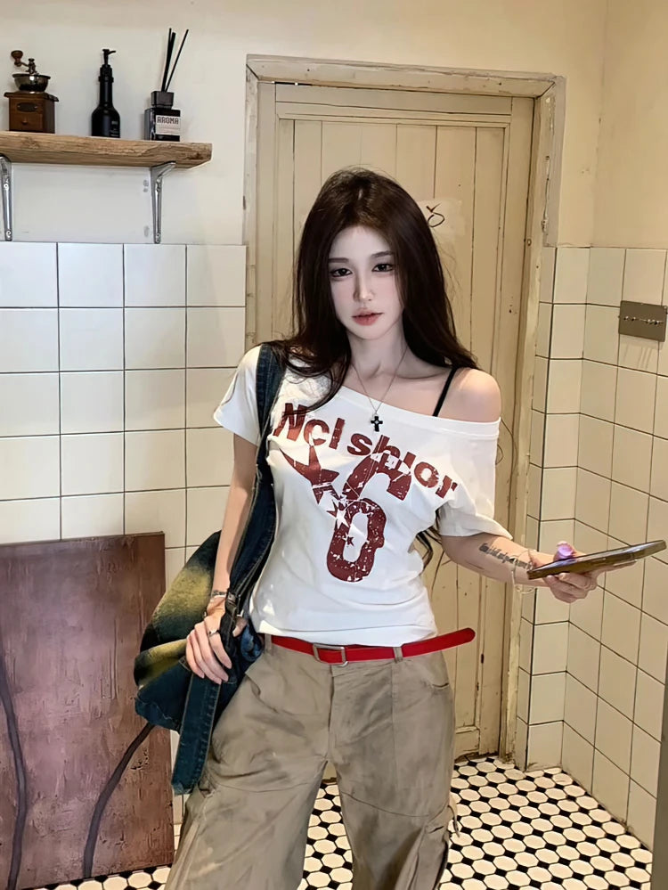 Y2K Sport Summer Off Shoulder Top for Women – Sexy Vintage 2000s Crop T-Shirt Short Sleeve Casual Body Fit Top