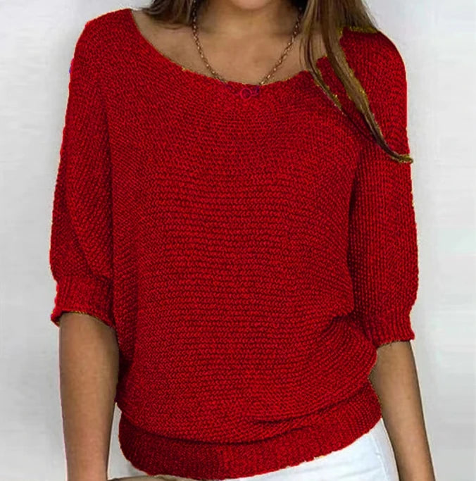 Women's Solid Color Knitted Sweater Pullover | Elegant Winter Round Neck 3/4 Sleeve Top