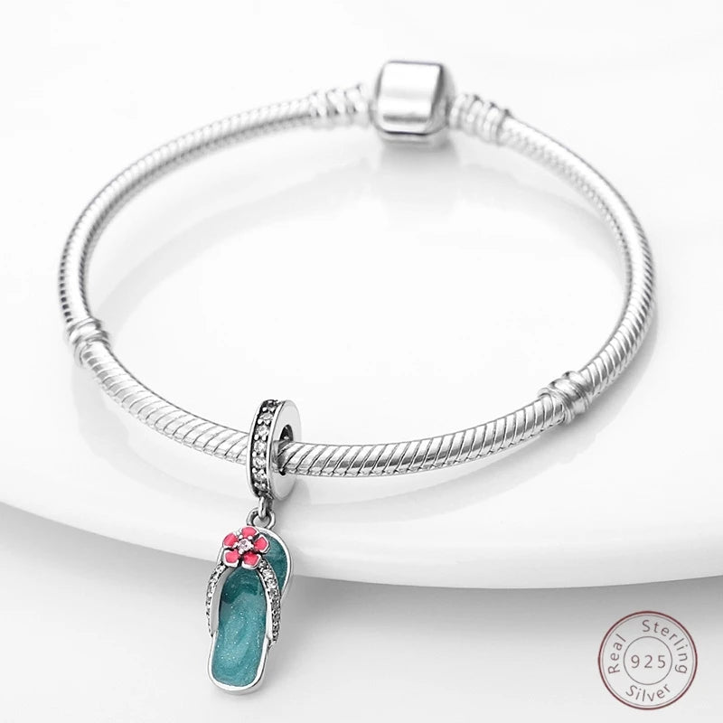 925 Sterling Silver Blue Zircon Ocean Shell Beaded Pendant | Fit Original 3mm Bracelet Women’s Fine Jewelry