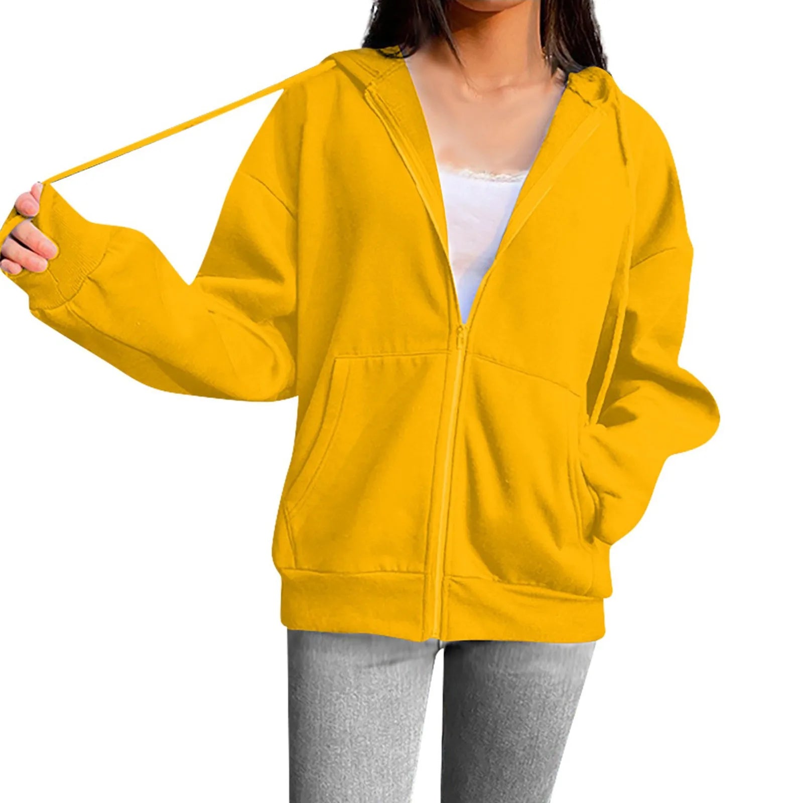 Spring Autumn Women Solid Color Hooded Sweatshirt Coat | Zipper Pocket Hoodie Jacket | Casual Outerwear Femme