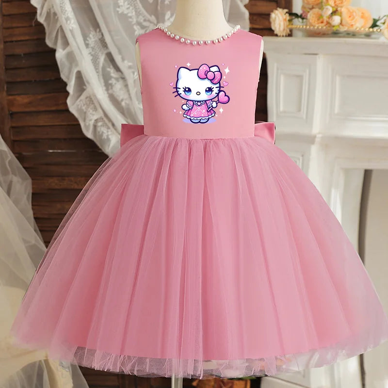 Hello Kitty Kids Pearls Elegant Princess Dress for Girls Backless Bow Baby 1st Birthday Baptism Tutu Gown Wedding Dress