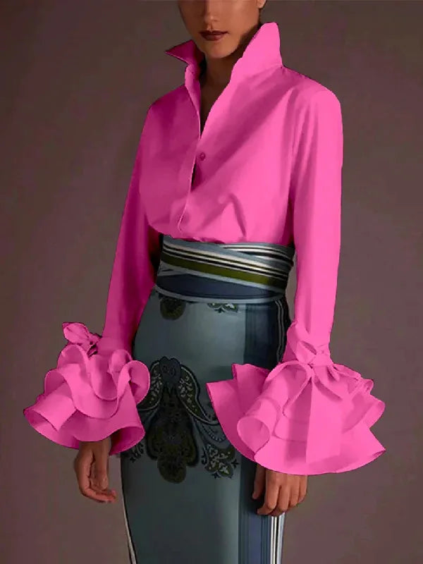 Women’s Elegant Flared Sleeve Falbala Blouse – Spring Autumn Solid Color Office Top 👚✨