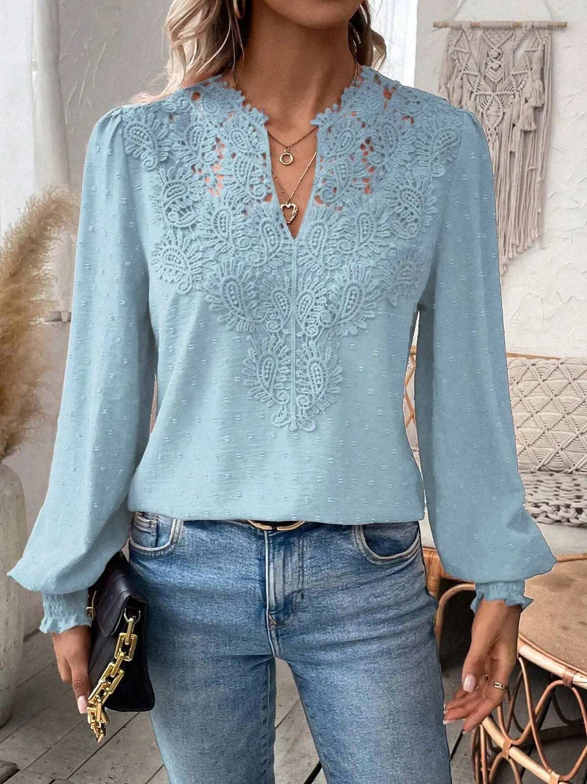 Women’s Long Sleeve Sweater – Fall 2024 Trendy Sexy Lace V-Neck Puff Sleeve Pullover Cute Tops 🍂✨