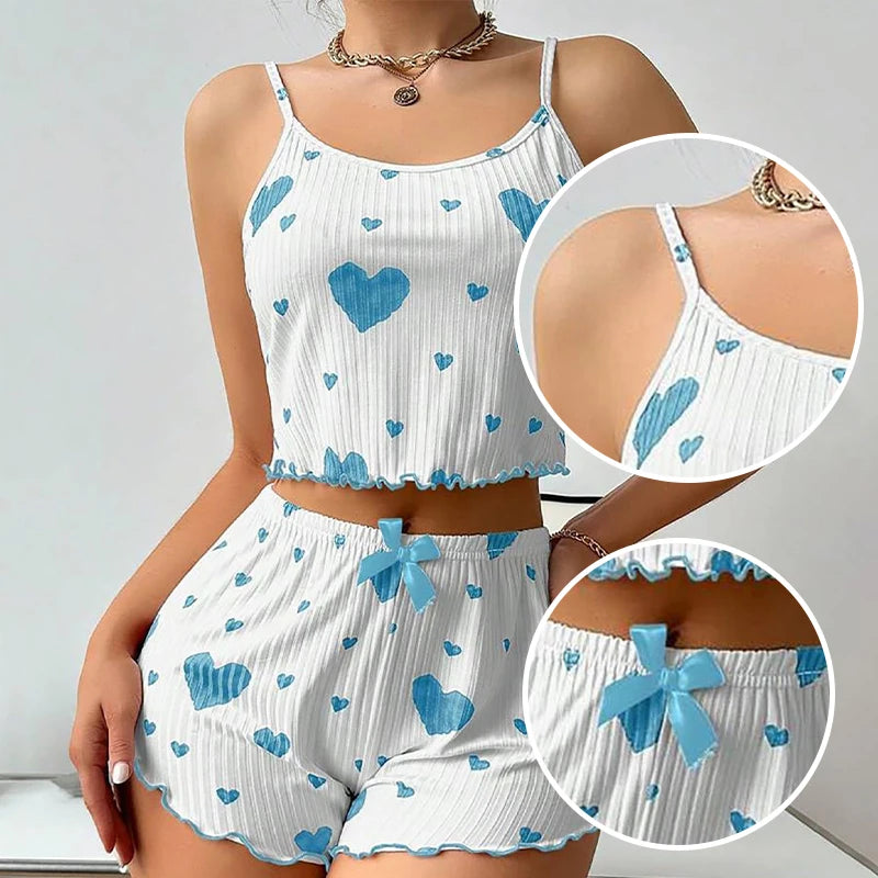 Women’s 2-Piece Pajamas Set – Short Tank Top & Shorts Sleepwear, Soft Casual Ventilated Loungewear with Love Print