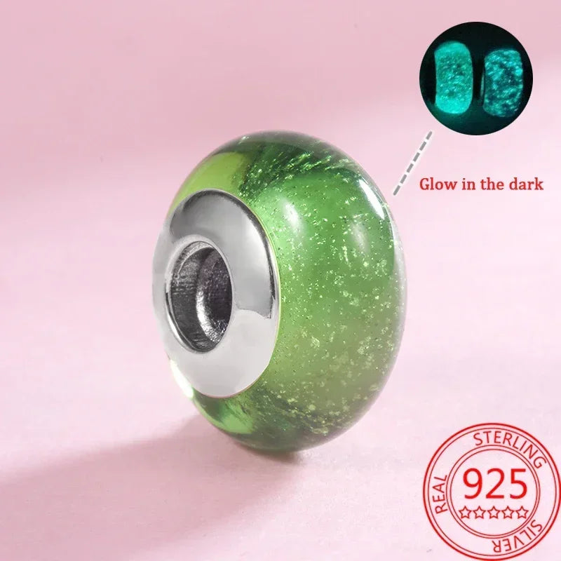 925 Sterling Silver Murano Glass Galaxy & Clover Heart Beads | Fit Pandora Bracelet DIY Jewelry Gift for Mum