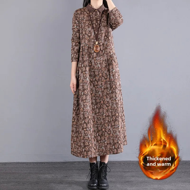 Thickened Floral Print Retro Women’s Dress – Cotton-Lined Warm A-Line Skirt with Long Sleeves & Collar | Winter Casual Dress