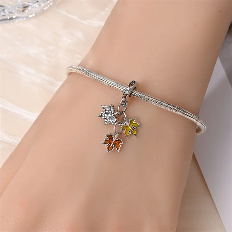 925 Sterling Silver Squirrel & Maple Leaf Charm | Shiny Zircon Autumn Beads Fit Pandora Bracelet DIY Jewelry