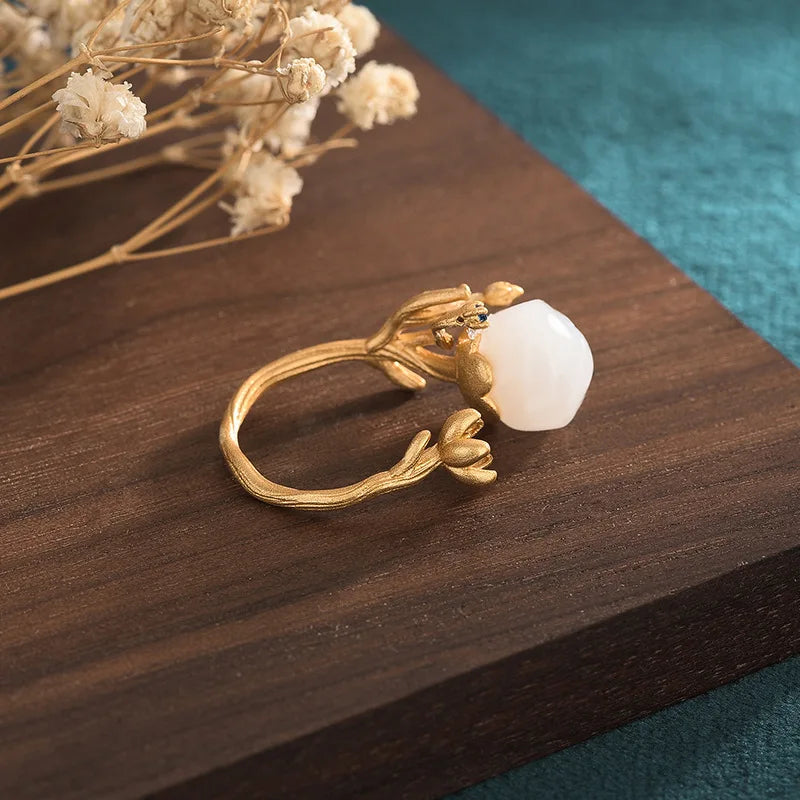 PANJBJ 925 Sterling Silver Hotan Jade Geometric Adjustable Ring | Retro Delicate Jewelry Gift for Women