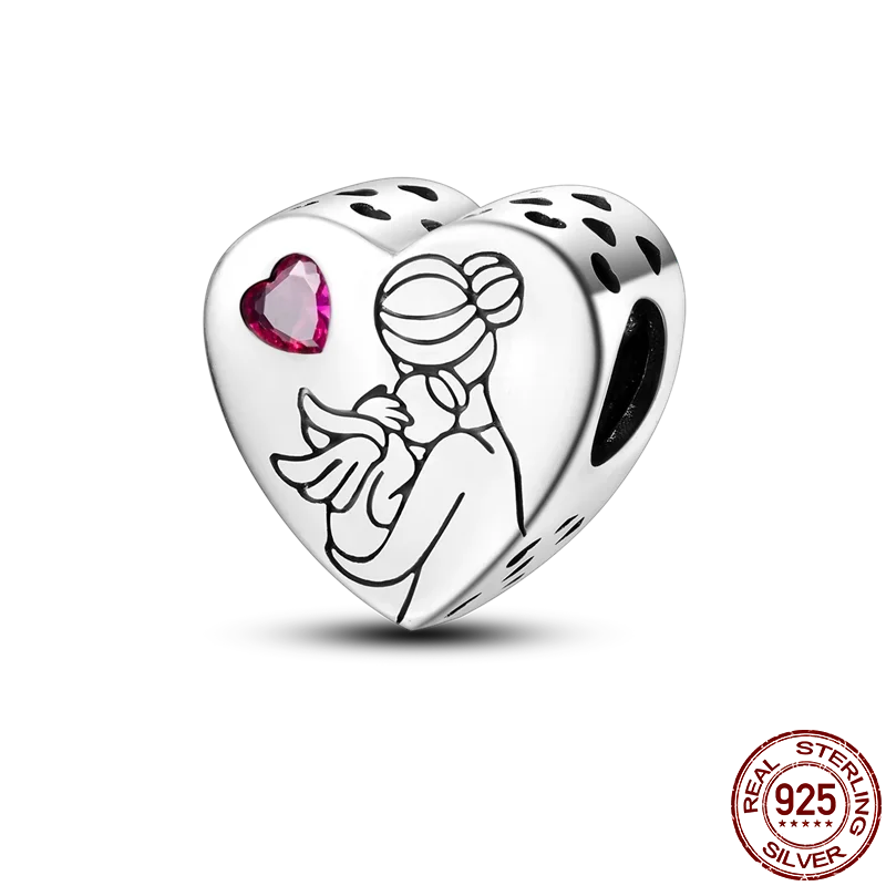 925 Sterling Silver Heart Shaped Warm Family Charm Beads Butterfly Flower Pendant
