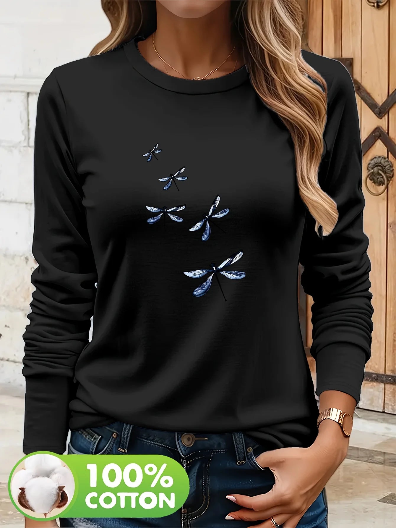 100% Cotton Dragonfly T-Shirt 🦋 Long Sleeve Casual Fall Winter Top ✨