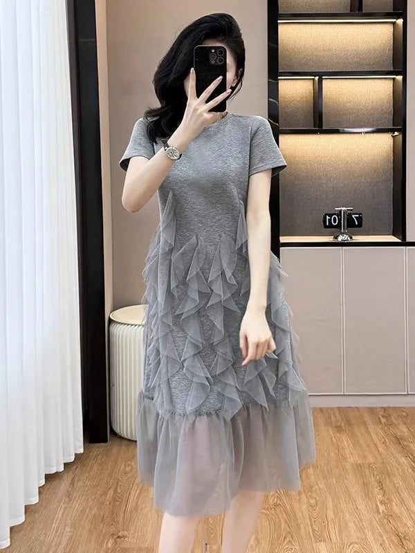 Plus Size Asymmetrical T-Shirt Dress | Slimming Mesh Splice Belly-Covering High Waist A-Line Dress | Summer Women’s Fashion