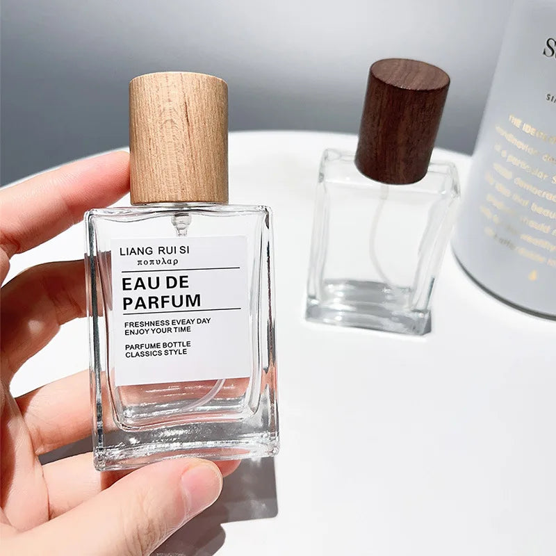 30ml / 50ml Refillable Perfume Bottle – Empty Glass Flat Square Spray Container | Portable Travel Cosmetic Bottle with Wooden Lid