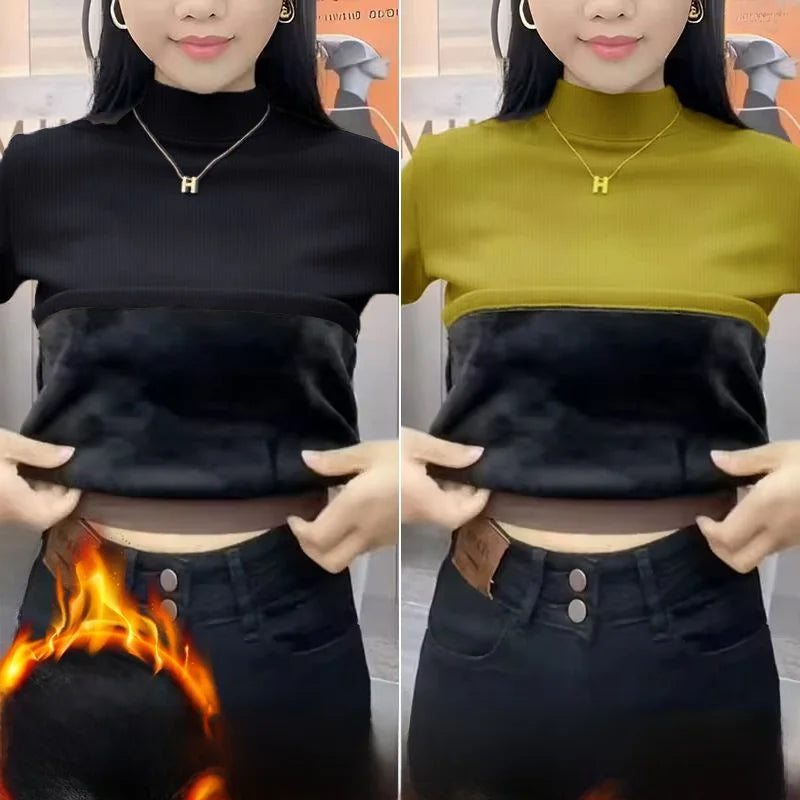 ❄️ Thiened Fleece Warm Long Sleeve Innerwear 👚 Slim Fit Mid-Neck Women's Base T-Shirt 🌸 Autumn Winter Two-Piece Set