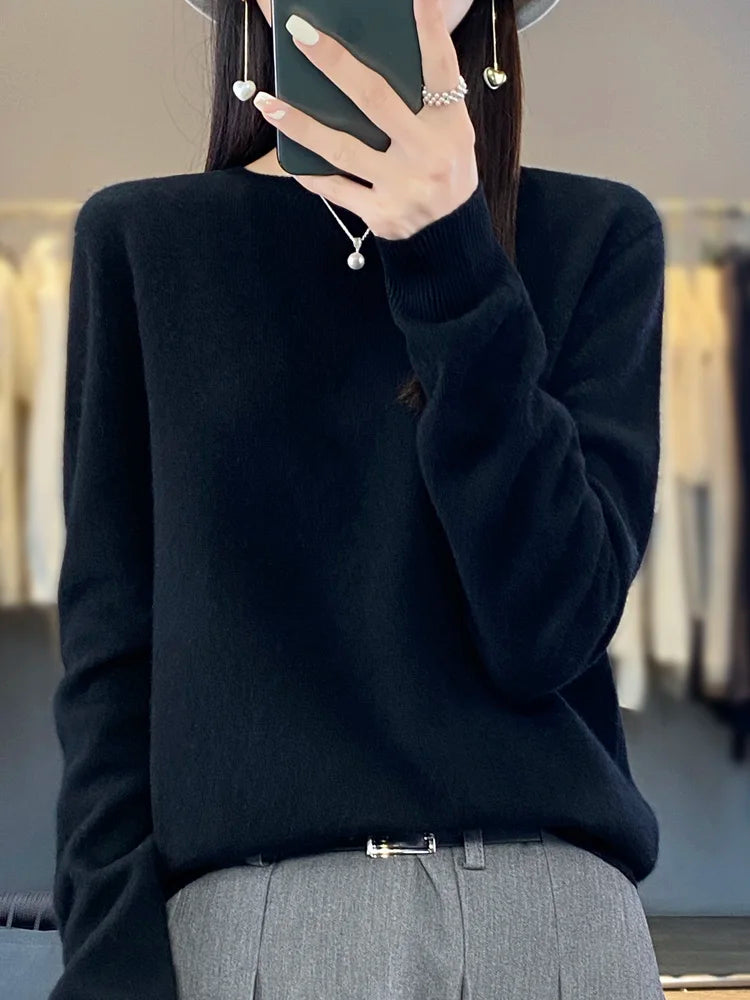 Women’s 100% Merino Wool O-Neck Cashmere Sweater – Autumn & Winter Casual Knitted Pullover 🍂🧶