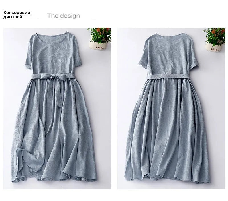 Japanese Style Loose Cotton Linen Dress – Women’s Vintage A-Line Over-Knee Long Dress with Round Neck
