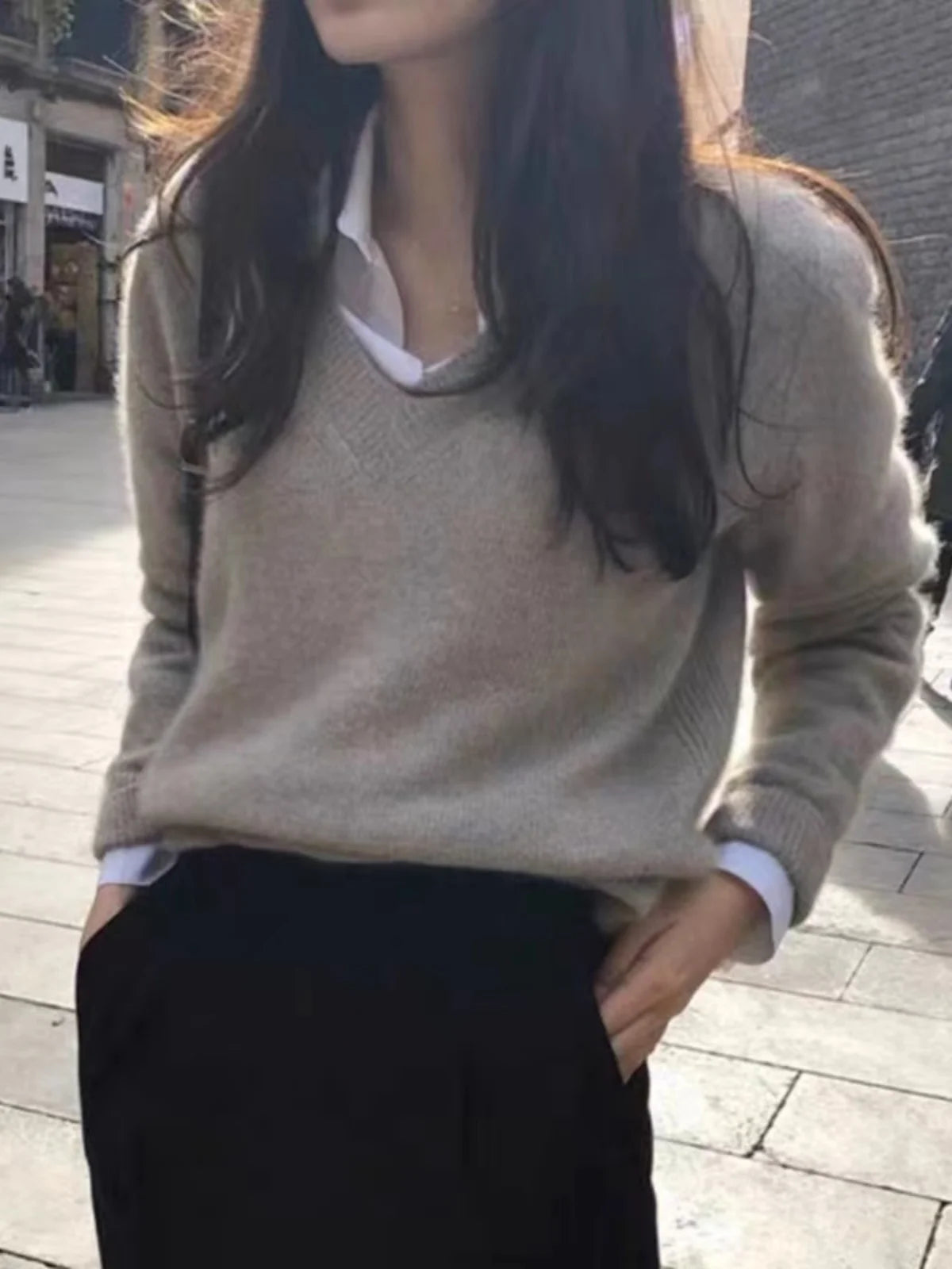 Women’s V-Neck Knitwear – Retro Japanese Style Loose Fit Long Sleeve Crew Neck Top | Spring & Autumn 2025