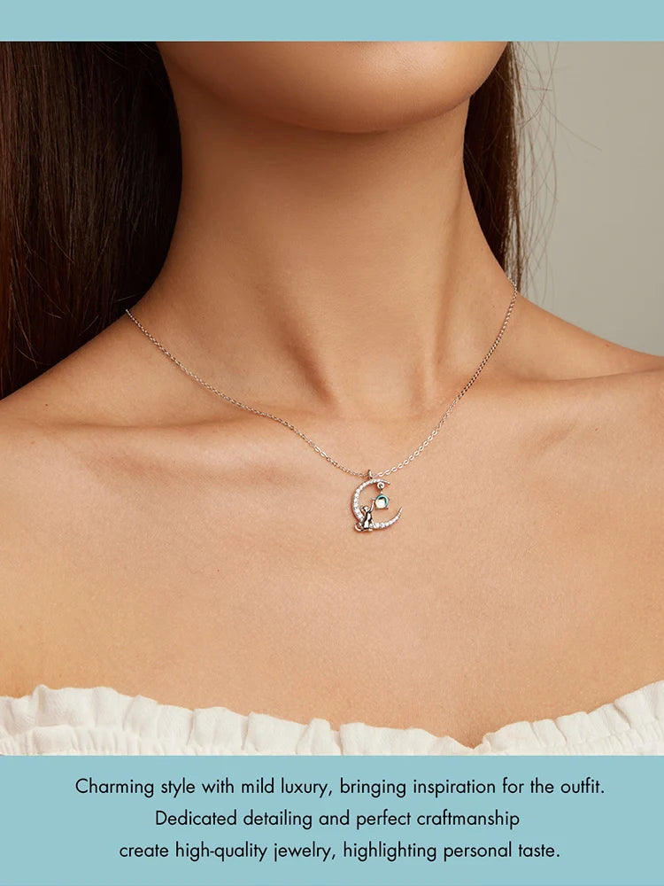 WOSTU 925 Sterling Silver Cat & Rabbit Moon Necklace | Star Zircon Pendant for Women Fine Jewelry Gift