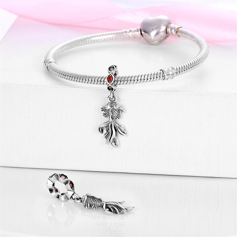925 Sterling Silver Minimalist Koi Fish Charm Fit Pandora Bracelet for Women