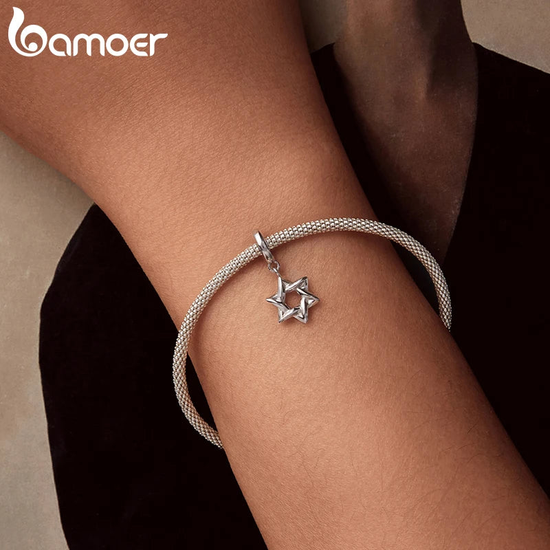 BAMOER 925 Sterling Silver Star of David Pendant | Polished Hexagram CZ Bead | Fits Original Bracelet DIY Jewelry Accessories