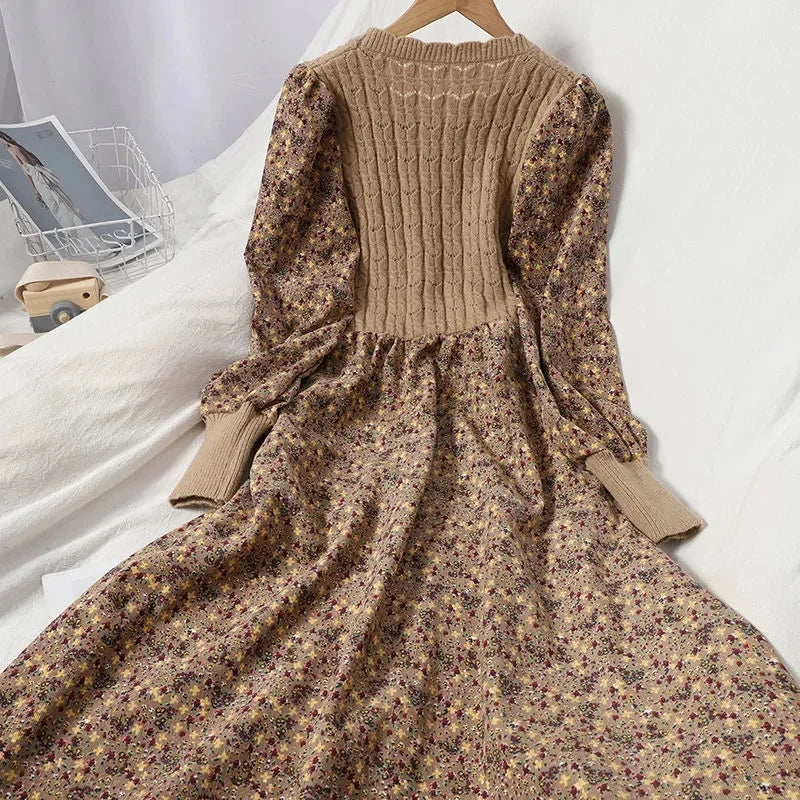 2023 Autumn Winter Korean Slimming Spliced Strap Knitted Long Dress – Corduroy Floral Fashion Dress
