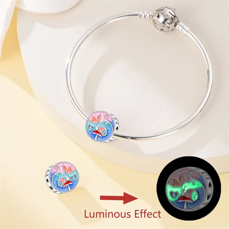 Original 925 Sterling Silver Luminous Lantern & Magic Cat Charm Bead | Glowing Angel Jungle Pendant for Bracelet Jewelry