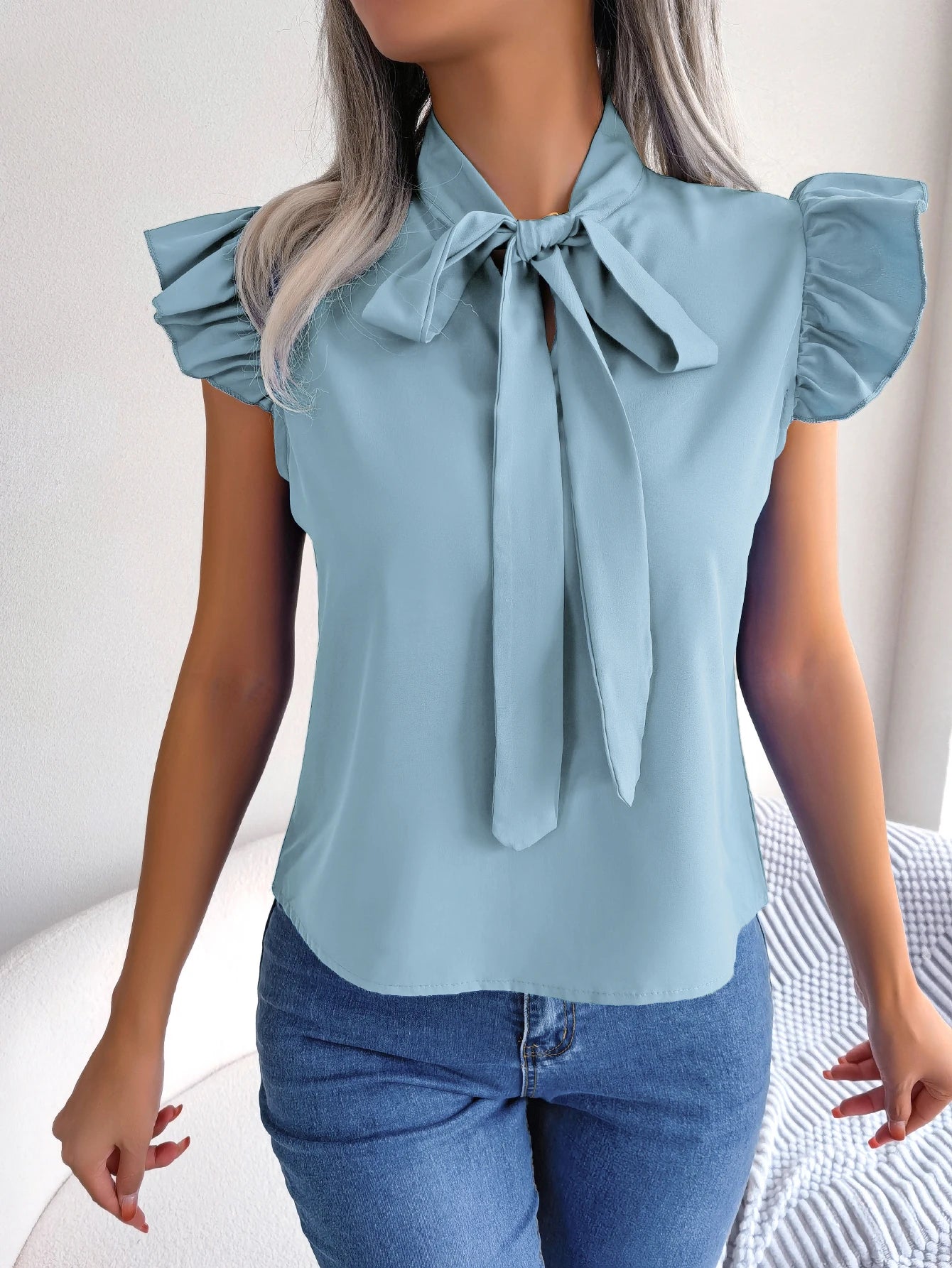 Women’s Summer Bow Ruffle Short Sleeve Chiffon Blouse – Casual Chic Top 👚☀️