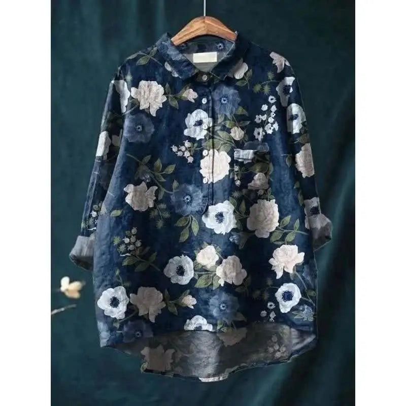 Women’s Cat Print Casual Long Sleeve Shirt – Stand-Up Collar Vintage Indian Ethnic Style Top