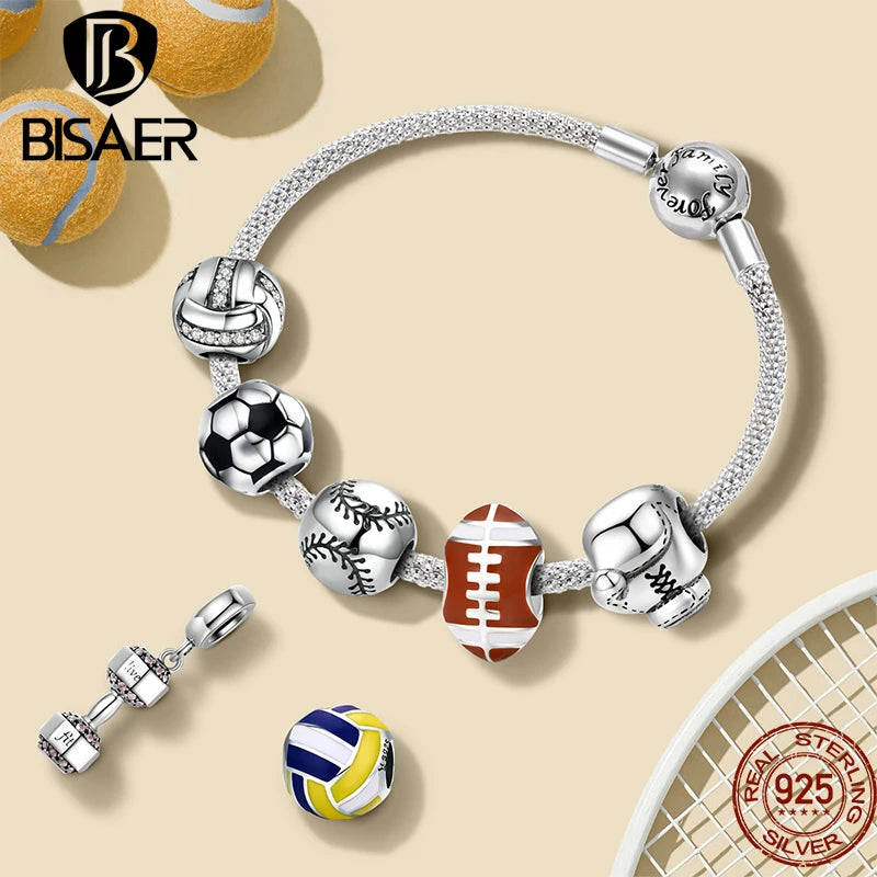 BISAER 925 Sterling Silver Ball Series Charms – Football, Volleyball, Tennis & Basketball Beads Fit Pandora Bracelet DIY Jewelry