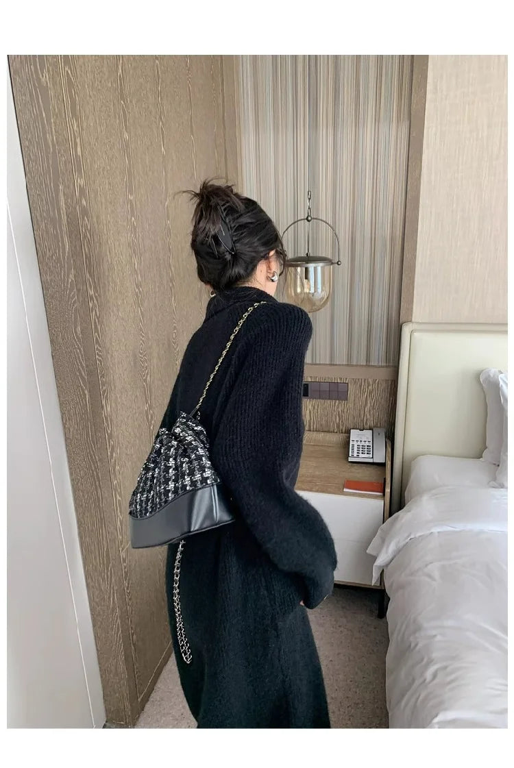 2025 Spring Autumn Knitted Midi Dress for Women | Long Sleeve Loose Fit Base Layer Straight Cut Polyester Dress