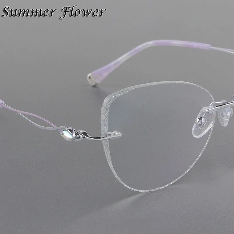 Women Rimless Titanium Cat Eye Glasses – Elegant Lightweight Butterfly Design Prescription Eyewear