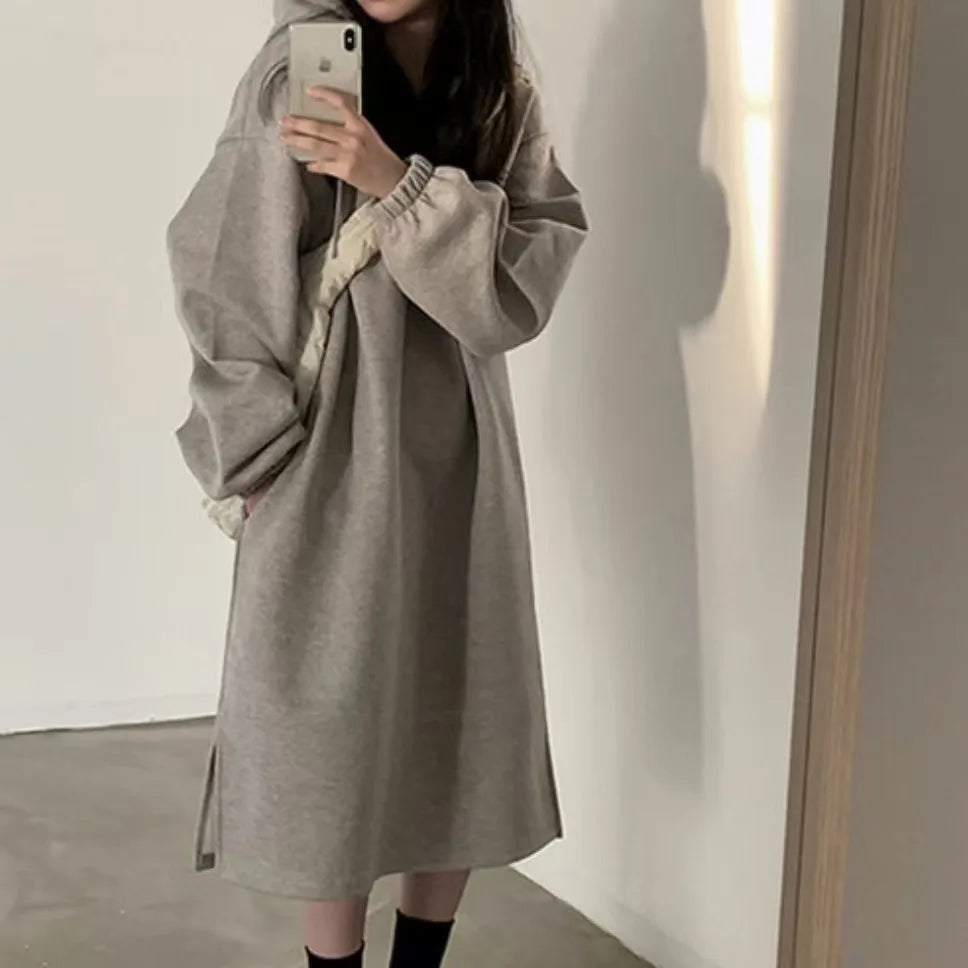Chic Winter College Long Hoodie Dress ❄️ Lazy Fleece A-Line Side Slit Dress 👗 Pure Color Polyester Fiber 🧵