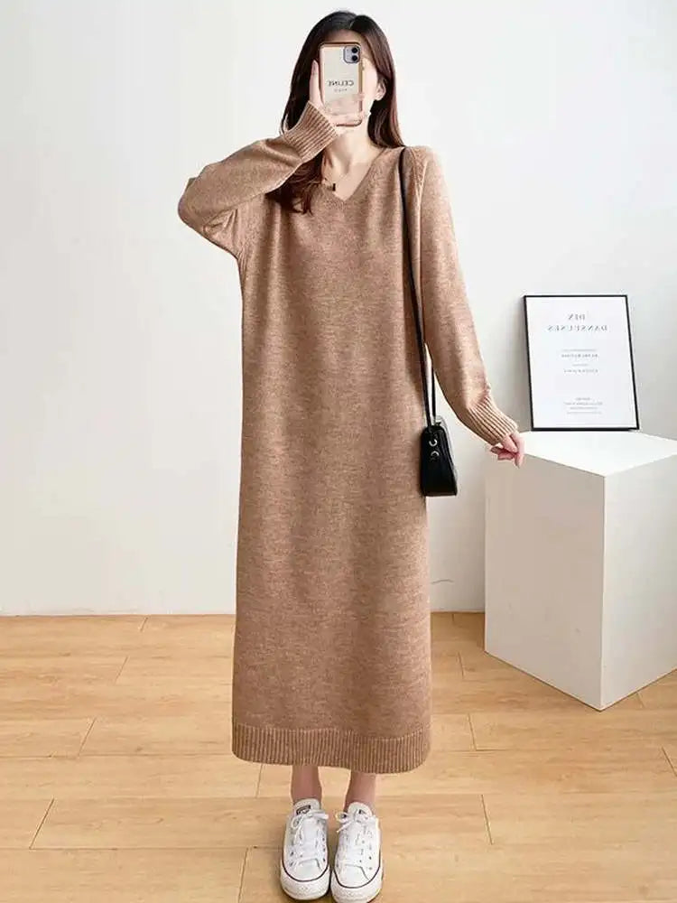 Ladies’ Knitted V-Neck Dress – Loose Fit Base Layer Skirt, Casual Straight Tube Korean Style Autumn Winter Dress