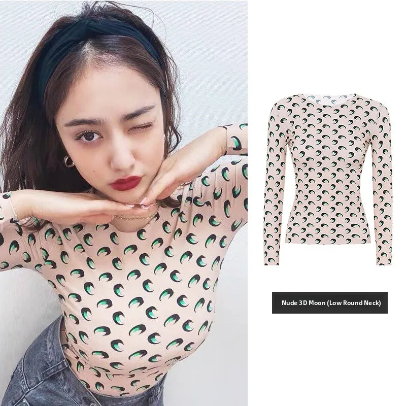 American Retro Women’s Two-Piece Set – Ice Silk Top & Pants with Moon Print Long Sleeve 🌙✨