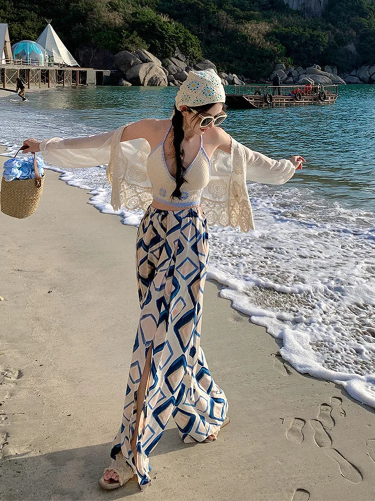 Vacation Style High Waist Wide Leg Pants – Thin Long Ethnic Print Pants for Beach & Holiday Wear