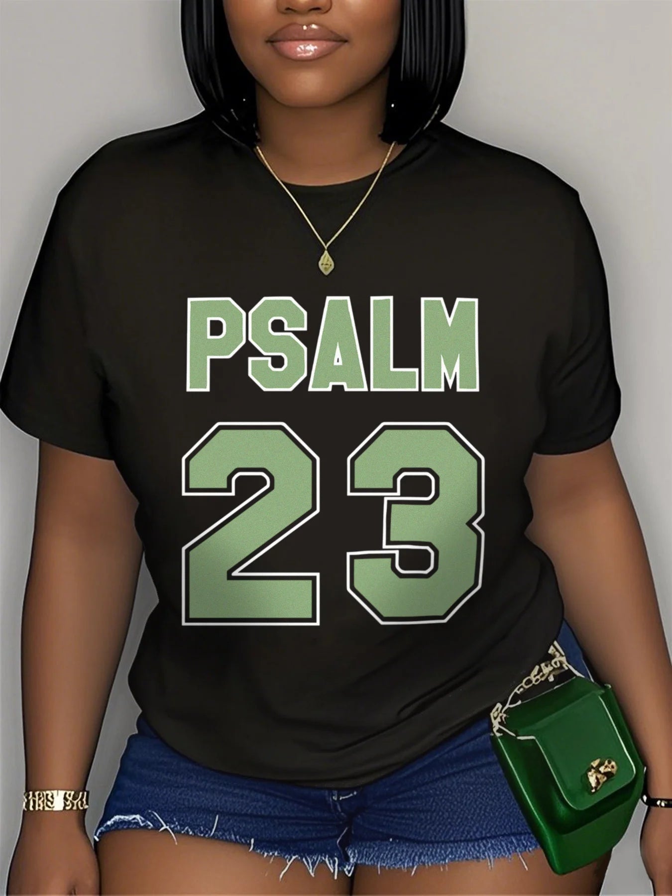 Women’s Psalm 23 Oversized Jersey T-Shirt – Casual Short Sleeve Round Neck Tee with Bold Green Lettering